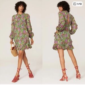 BANJANAN Lila Dress Floral Long Sleeve Mock Neck Keyhole Back Mini Dress Size M